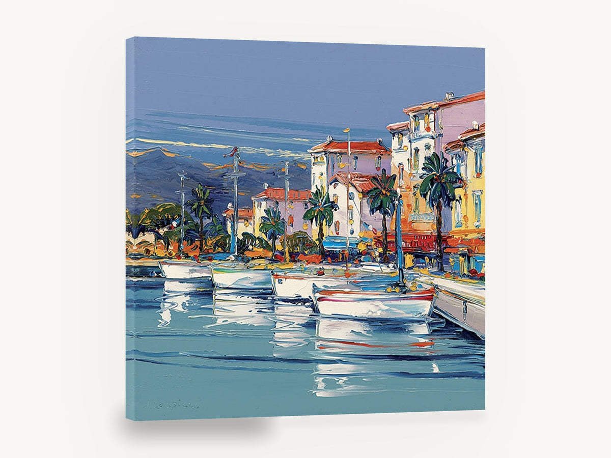 Harbour Palms Moorings, harbourside palms and moored boats painting, coastal canvas wall art print ready to hang