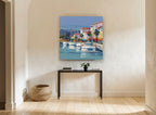 Harbour Palms Moorings coastal canvas print on the wall of a hallway