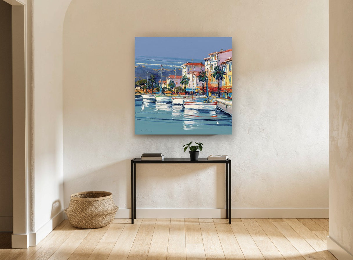 Harbour Palms Moorings coastal canvas print on the wall of a hallway