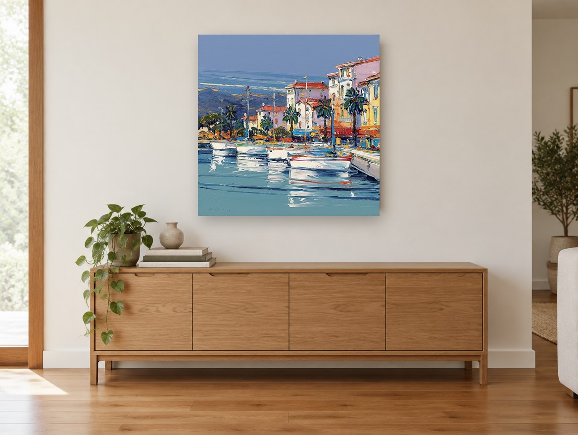 Harbour Palms Moorings coastal canvas print on the wall of a living room above a sideboard