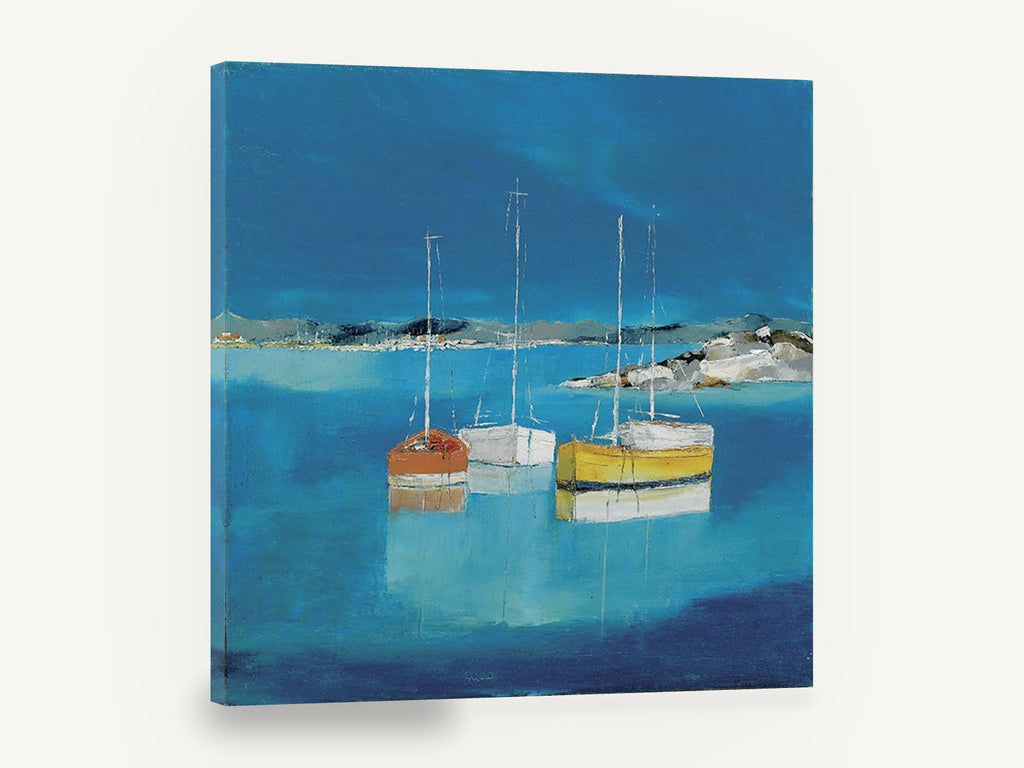 Three Boats at Rest, moored sailboats blue bay painting, coastal canvas wall art print ready to hang
