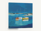Three Boats at Rest, moored sailboats blue bay painting, coastal canvas wall art print ready to hang