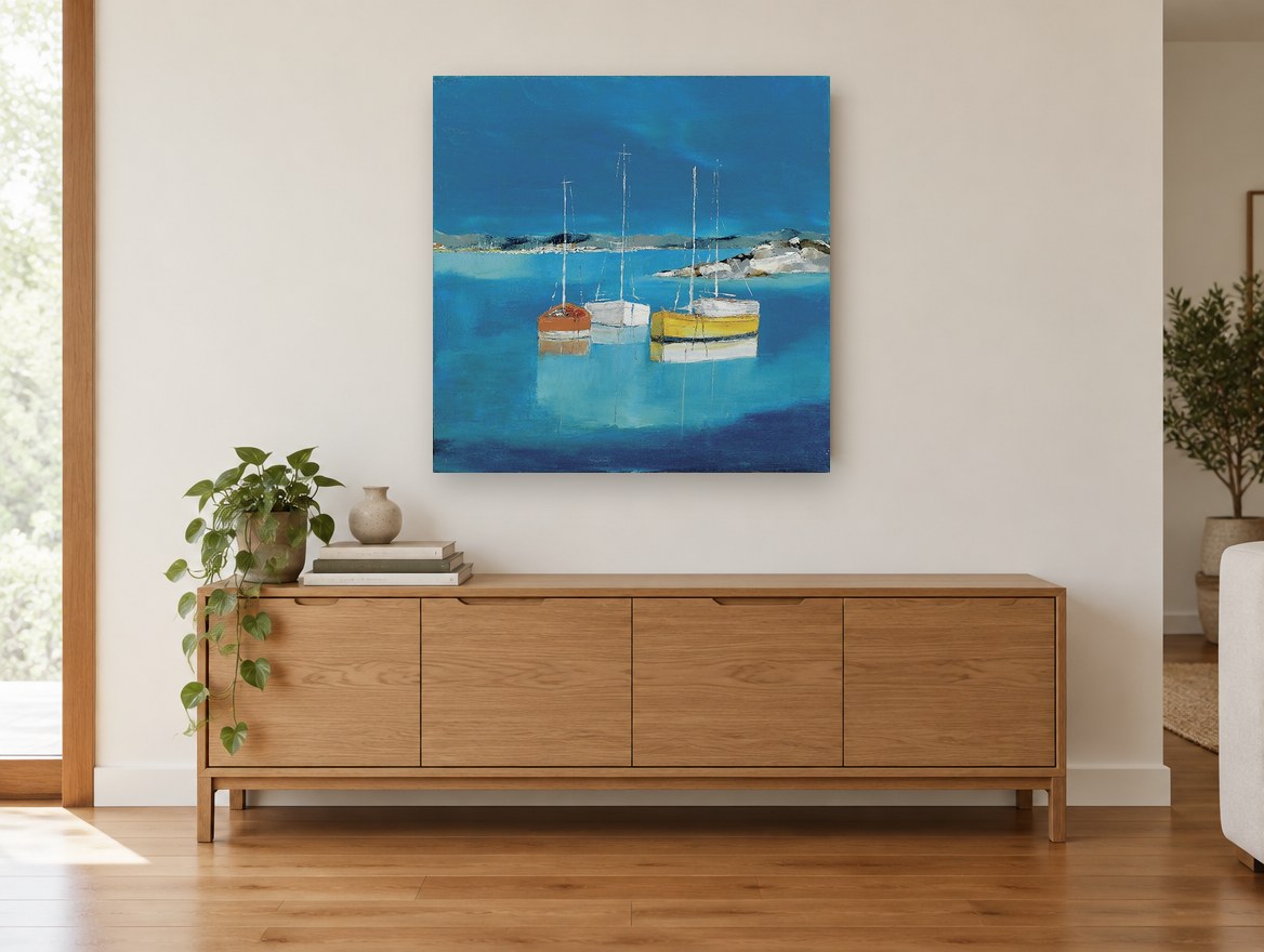 Three Boats at Rest coastal canvas print on the wall of a living room above a sideboard