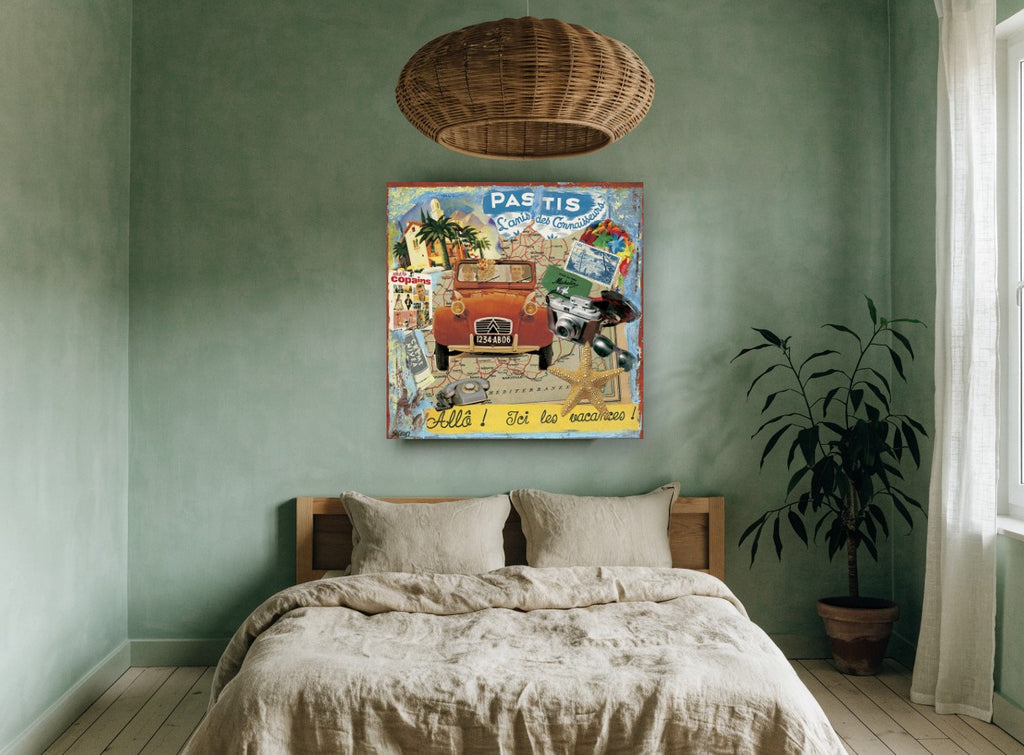 Allô Vacances Collage vintage canvas print on the wall of a bedroom