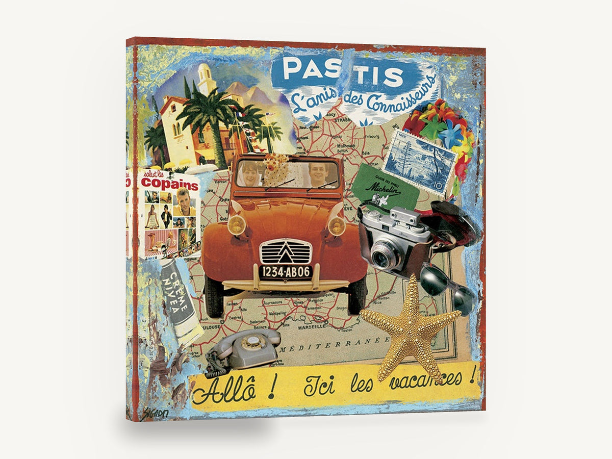 Allô Vacances Collage, retro french riviera travel collage, stretched canvas wall art print ready to hang