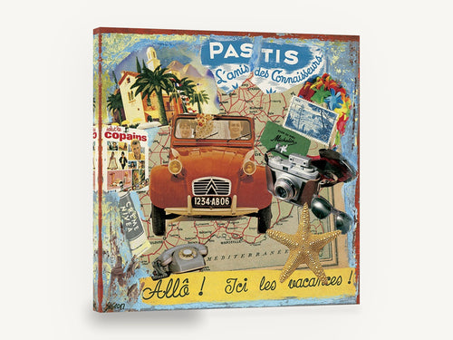 Allô Vacances Collage, retro french riviera travel collage, stretched canvas wall art print ready to hang