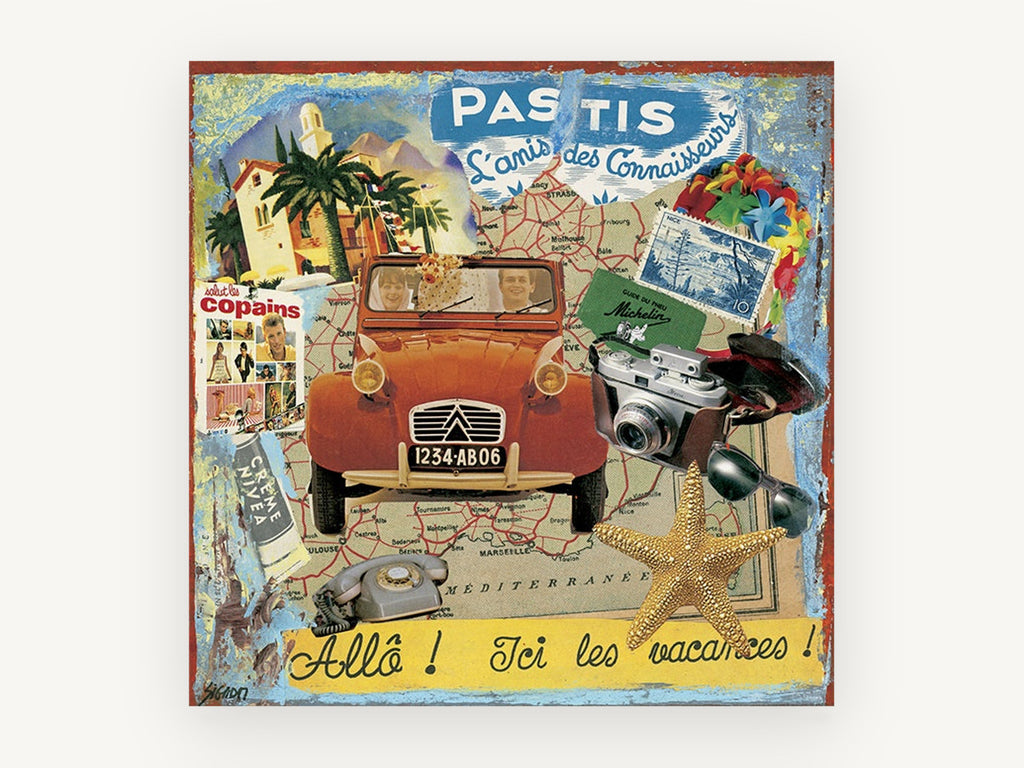 Allô Vacances Collage, vintage canvas wall art print, front view