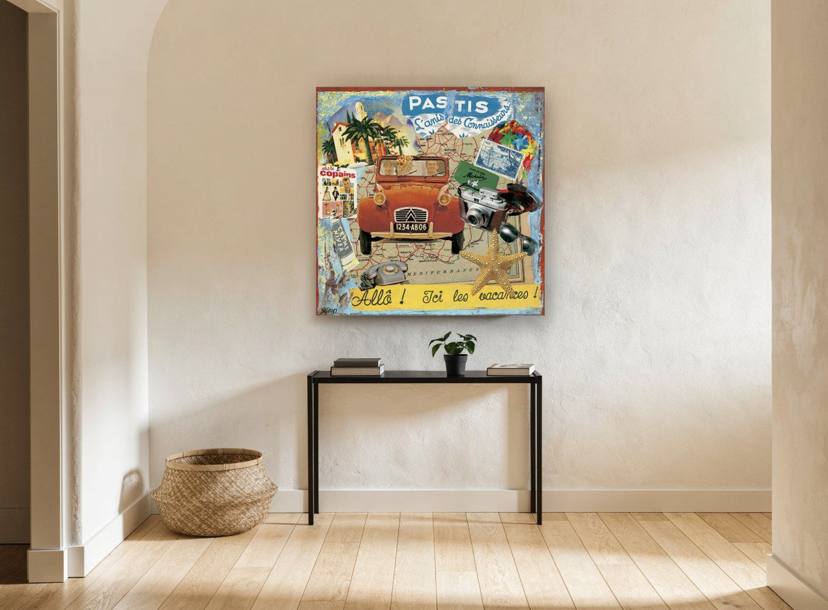 Allô Vacances Collage vintage canvas print on the wall of a hallway