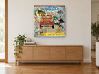 Allô Vacances Collage vintage canvas print on the wall of a living room above a sideboard