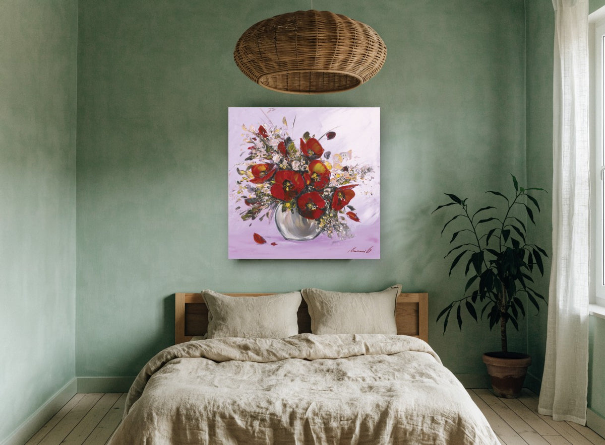 Red Poppies in Lilac floral canvas print on the wall of a bedroom