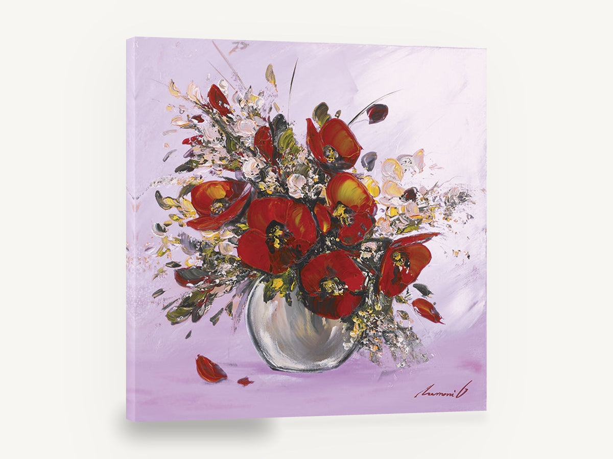Red Poppies in Lilac, red poppies in vase textured floral, floral canvas wall art print ready to hang