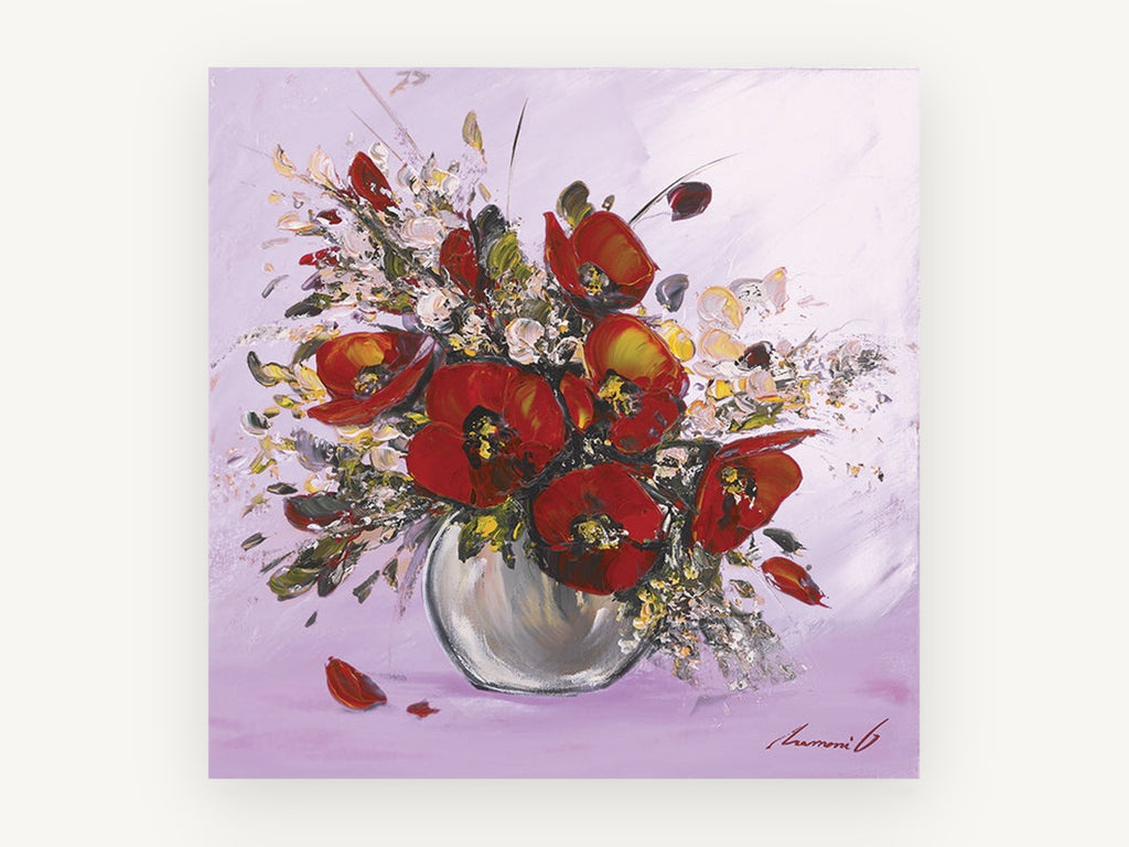 Red Poppies in Lilac, floral canvas wall art print, front view