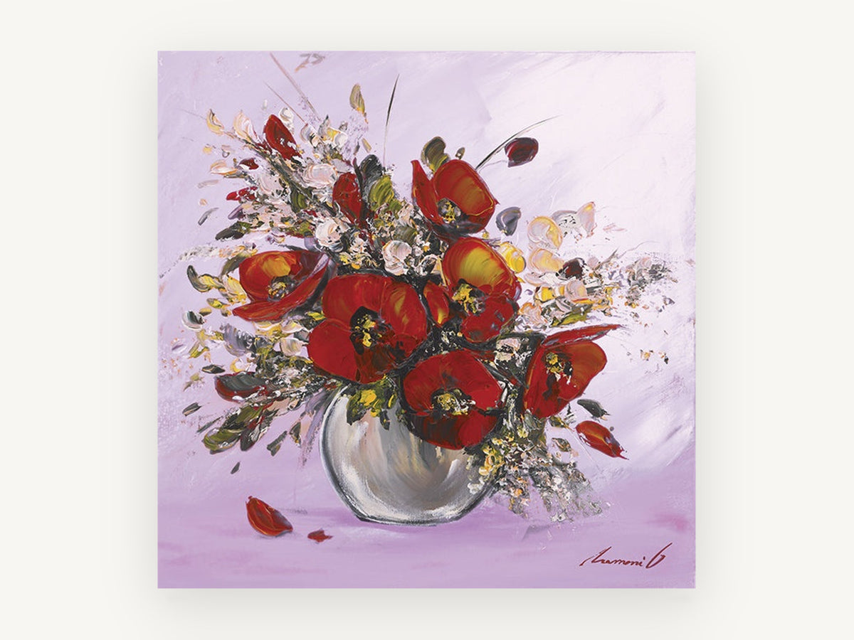 Red Poppies in Lilac, floral canvas wall art print, front view