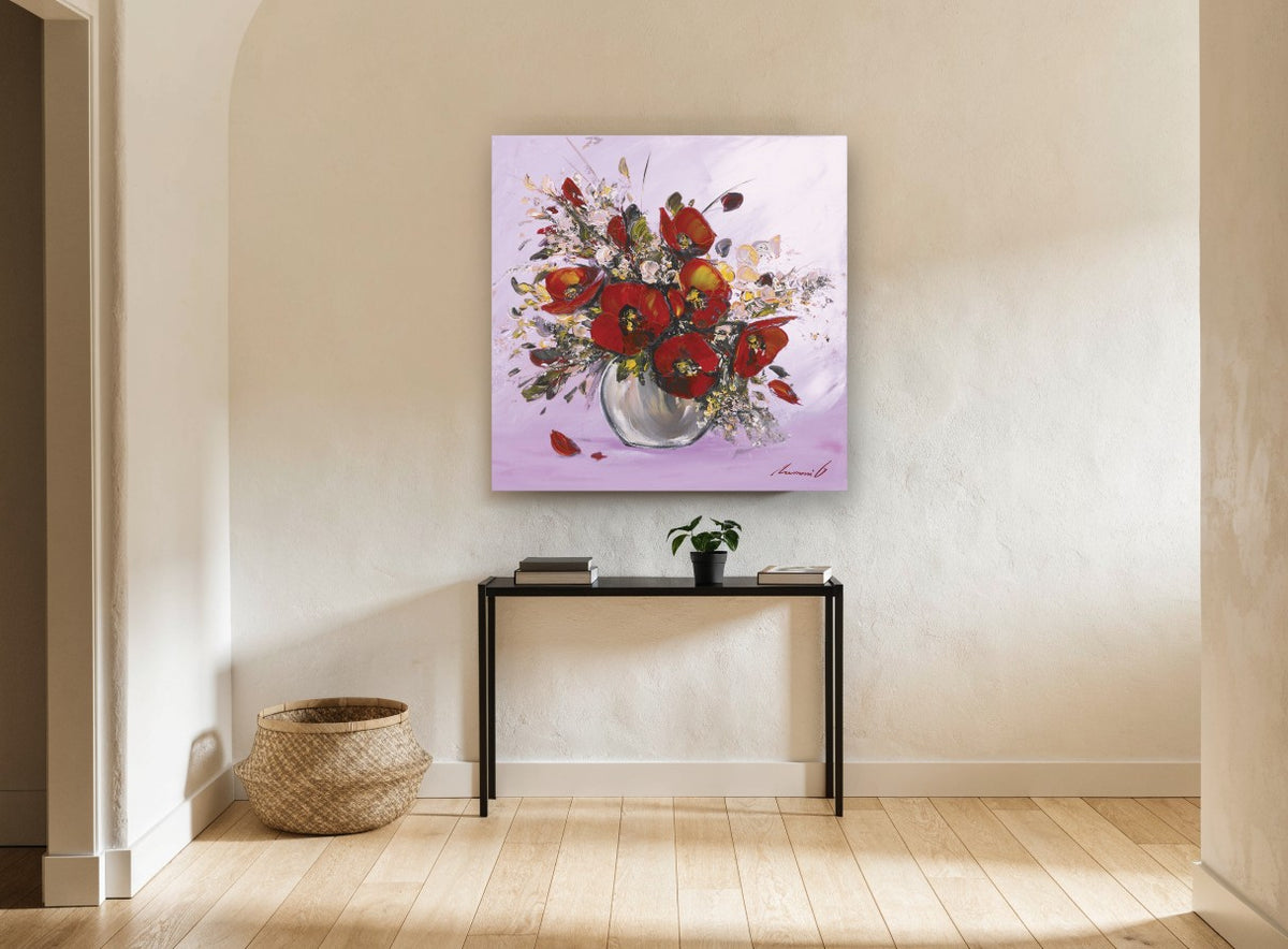Red Poppies in Lilac floral canvas print on the wall of a hallway