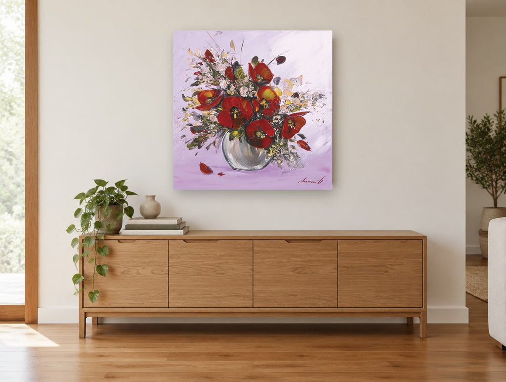 Red Poppies in Lilac floral canvas print on the wall of a living room above a sideboard