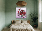 Crimson Poppies in Silver floral canvas print on the wall of a bedroom