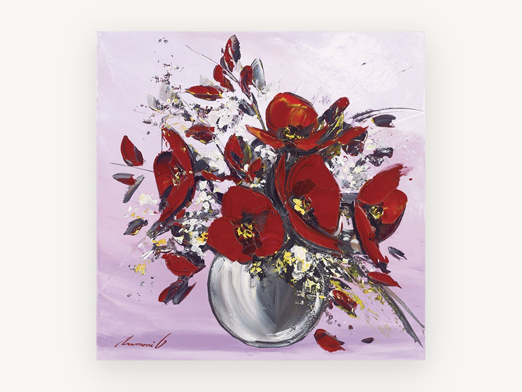 Crimson Poppies in Silver, floral canvas wall art print, front view