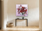Crimson Poppies in Silver floral canvas print on the wall of a hallway