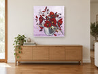 Crimson Poppies in Silver floral canvas print on the wall of a living room above a sideboard