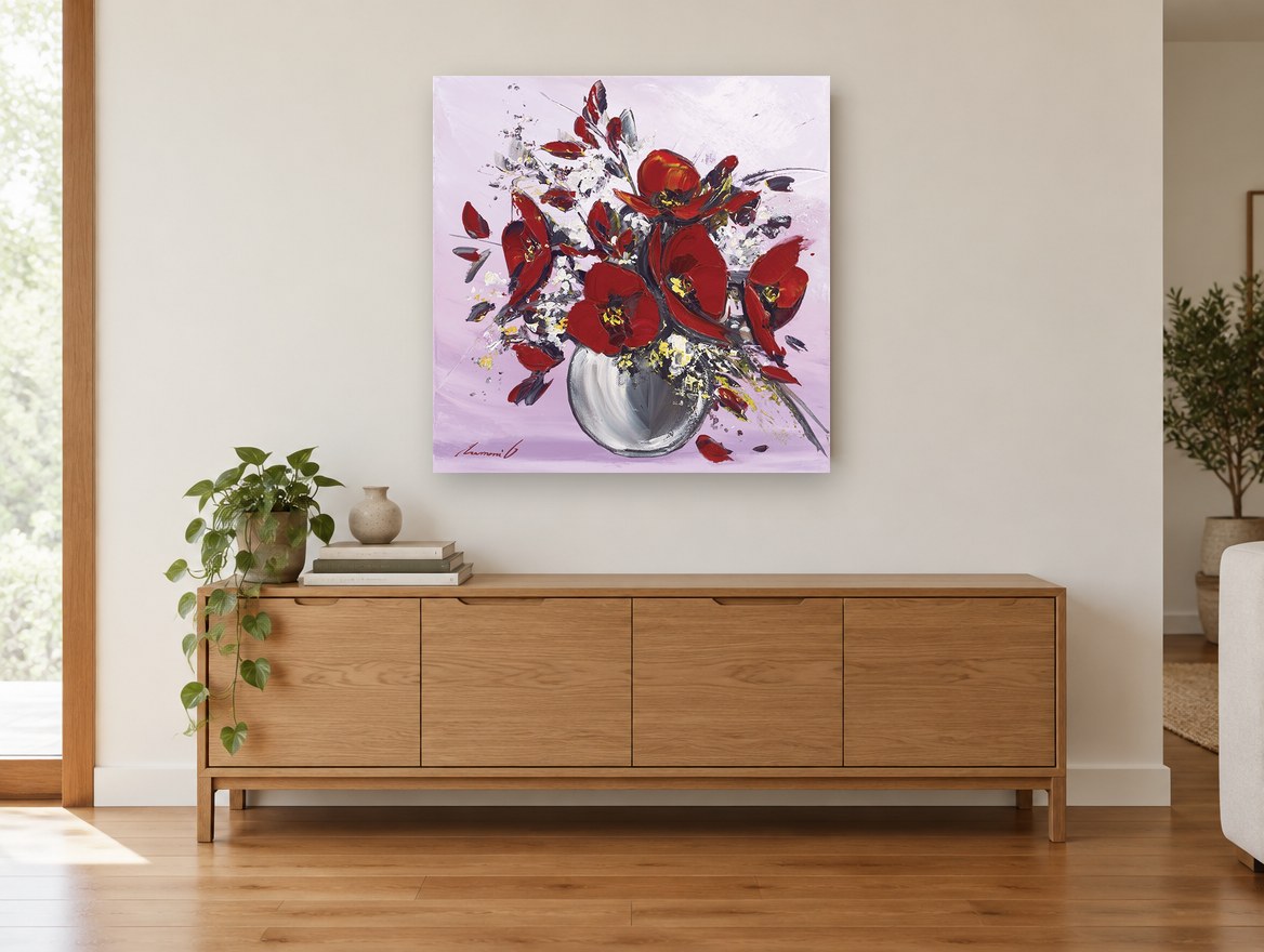 Crimson Poppies in Silver floral canvas print on the wall of a living room above a sideboard
