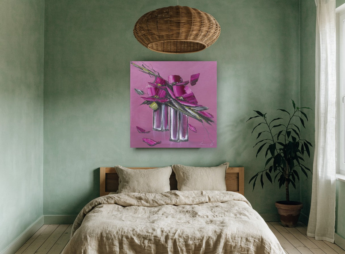 Magenta Blocks in Silver floral canvas print on the wall of a bedroom