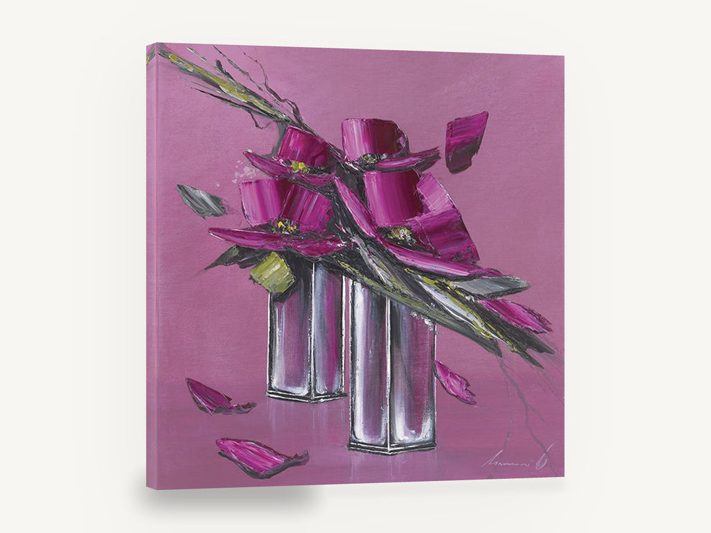 Magenta Blocks in Silver, magenta flowers silver vases palette knife, floral canvas wall art print ready to hang