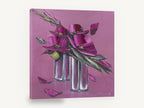 Magenta Blocks in Silver, magenta flowers silver vases palette knife, floral canvas wall art print ready to hang