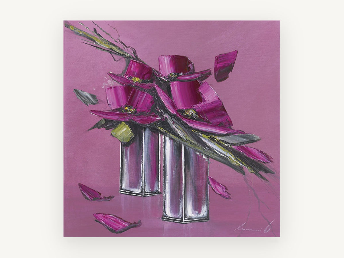 Magenta Blocks in Silver, floral canvas wall art print, front view