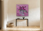 Magenta Blocks in Silver floral canvas print on the wall of a hallway