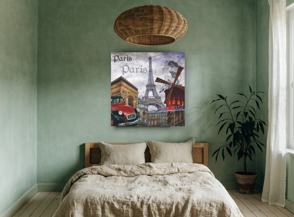 Paris Icons Collage city canvas print on the wall of a bedroom