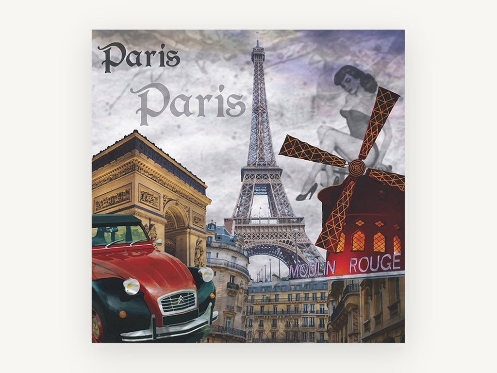 Paris Icons Collage, paris landmarks collage vintage illustration, city canvas wall art print, front view
