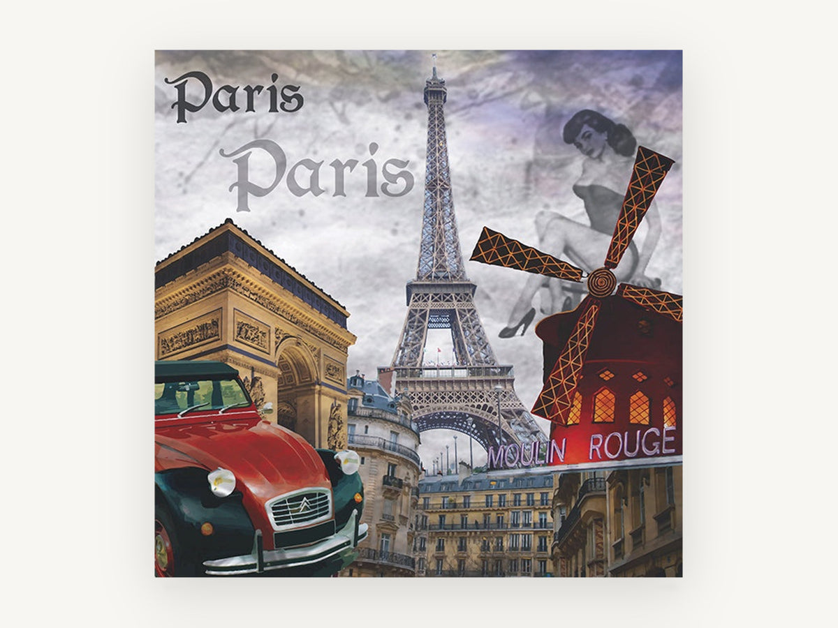 Paris Icons Collage, paris landmarks collage vintage illustration, city canvas wall art print, front view