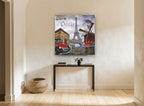 Paris Icons Collage city canvas print on the wall of a hallway