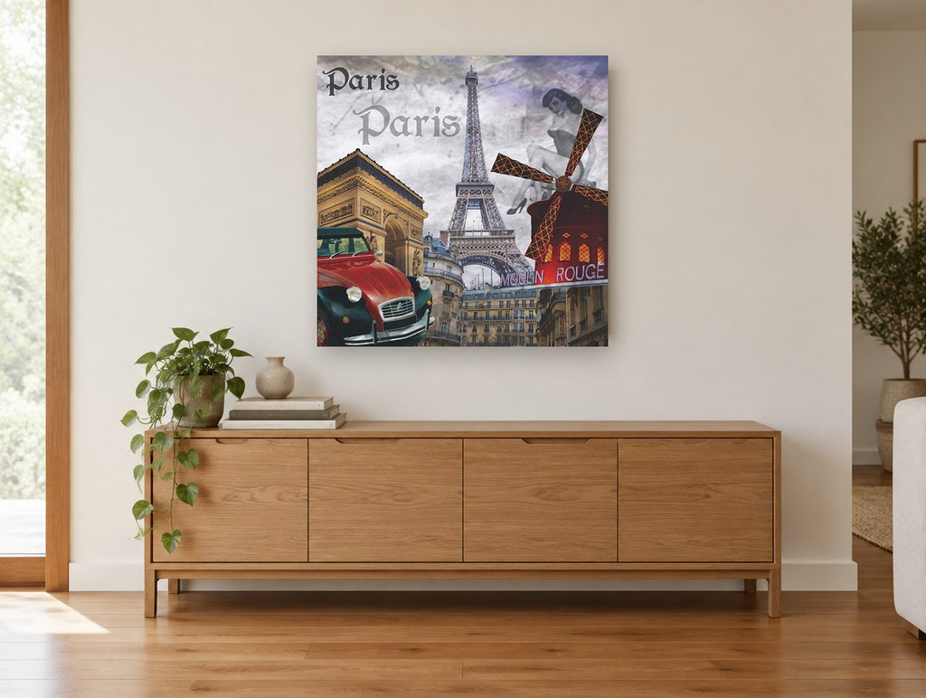 Paris Icons Collage city canvas print on the wall of a living room above a sideboard