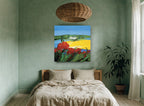 Poppies Above Yellow Fields landscape canvas print on the wall of a bedroom