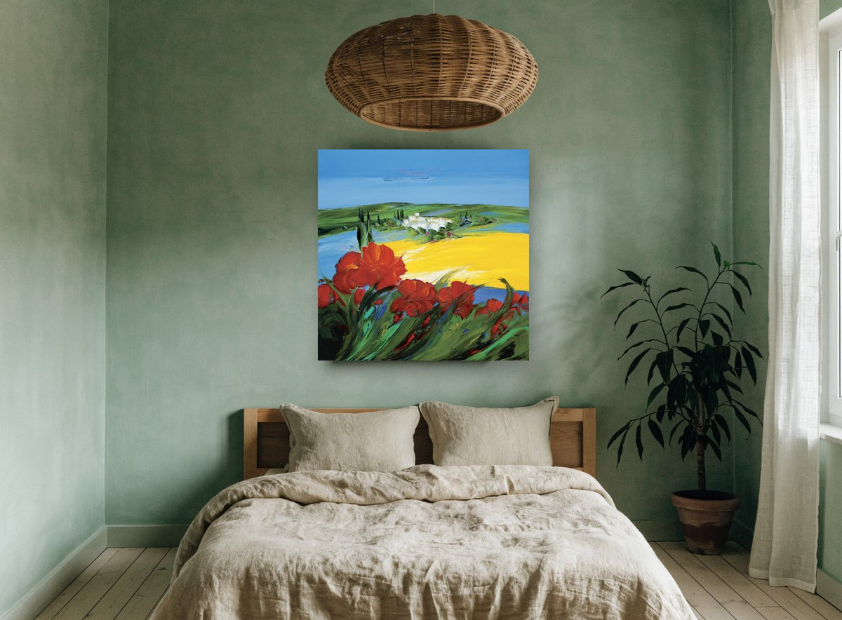 Poppies Above Yellow Fields landscape canvas print on the wall of a bedroom