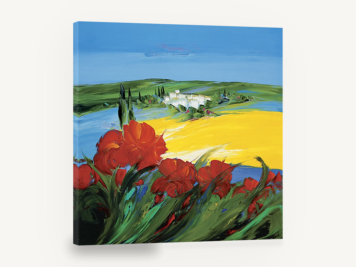 Poppies Above Yellow Fields, red poppies yellow field landscape, landscape canvas wall art print ready to hang