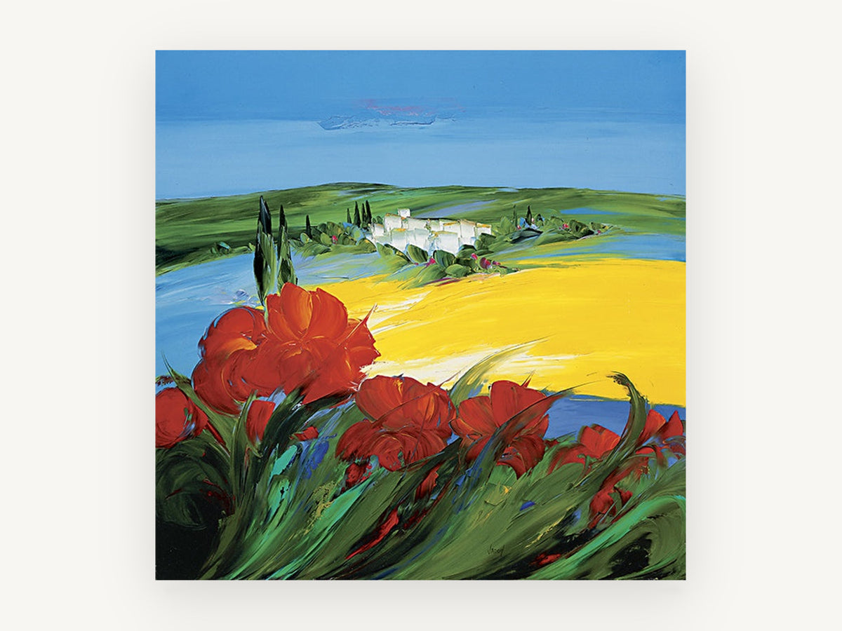 Poppies Above Yellow Fields, red poppies yellow field landscape, landscape canvas wall art print, front view