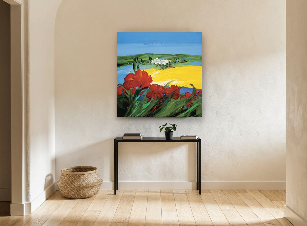 Poppies Above Yellow Fields landscape canvas print on the wall of a hallway
