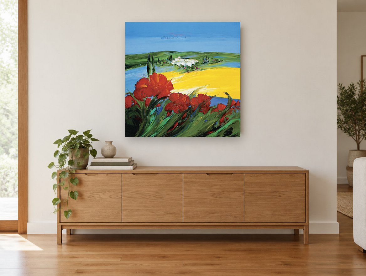 Poppies Above Yellow Fields landscape canvas print on the wall of a living room above a sideboard