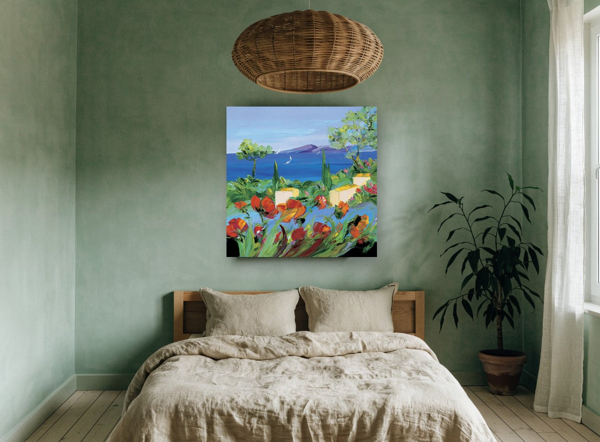 Poppies Above the Bay landscape canvas print on the wall of a bedroom