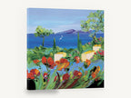 Poppies Above the Bay, red poppies coastal garden painting, landscape canvas wall art print ready to hang