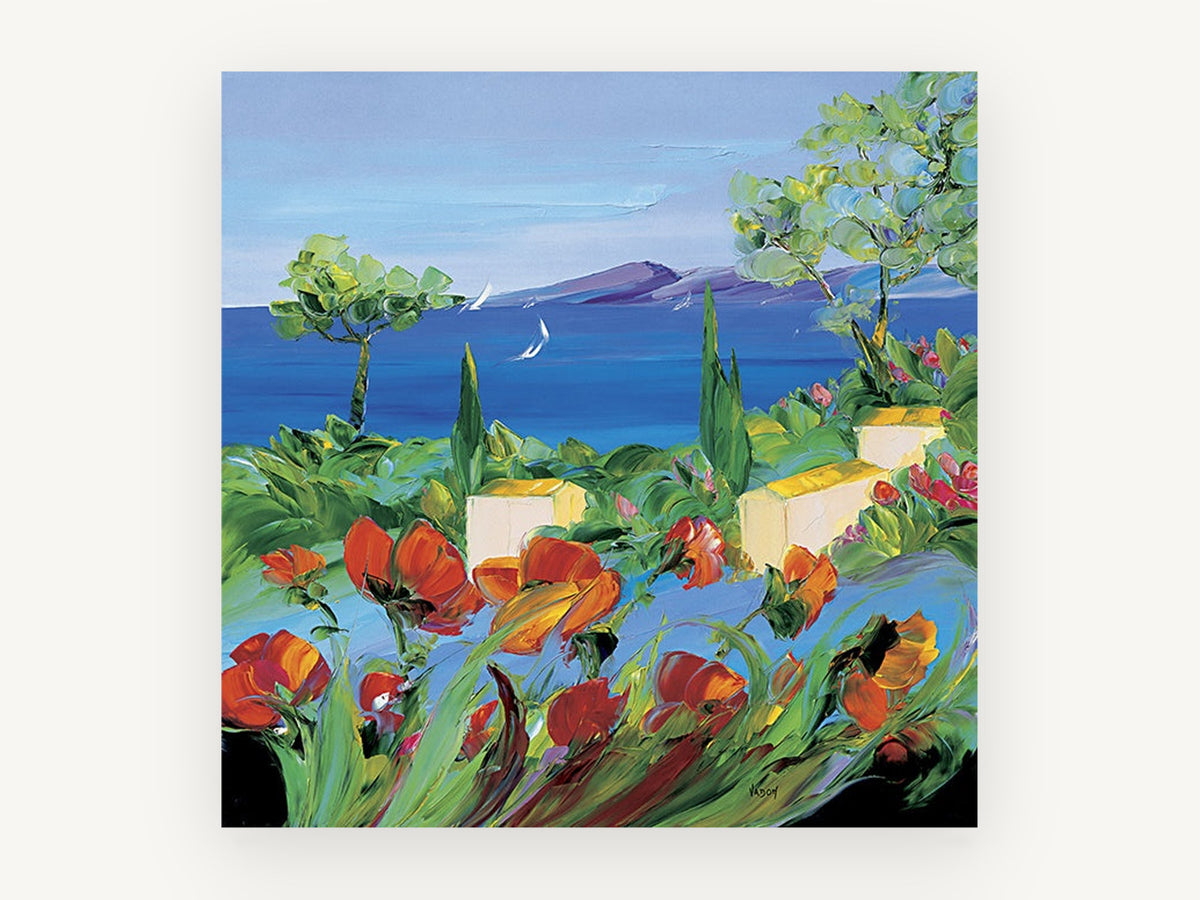 Poppies Above the Bay, red poppies coastal garden painting, landscape canvas wall art print, front view