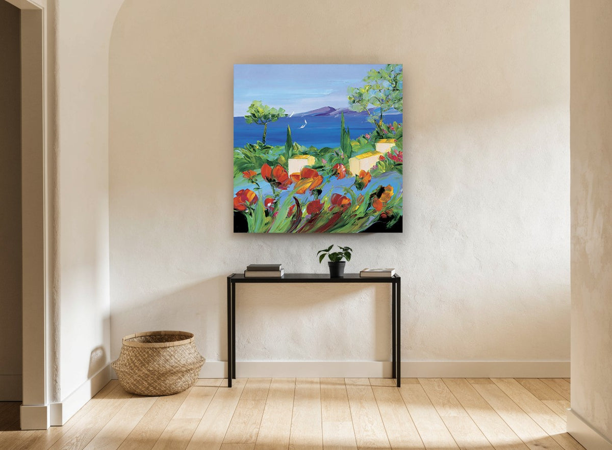 Poppies Above the Bay landscape canvas print on the wall of a hallway