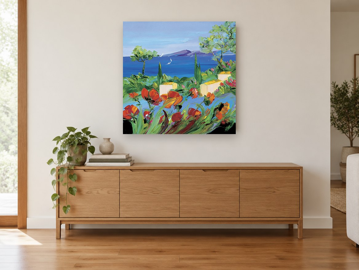 Poppies Above the Bay landscape canvas print on the wall of a living room above a sideboard