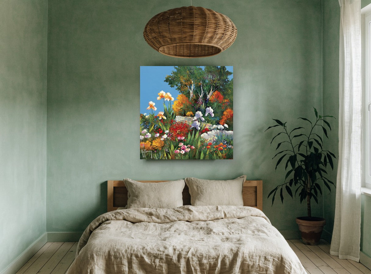 Cottage Iris Garden Terrace landscape canvas print on the wall of a bedroom