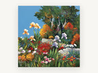 Cottage Iris Garden Terrace, colourful iris garden painting style landscape, landscape canvas wall art print, front view