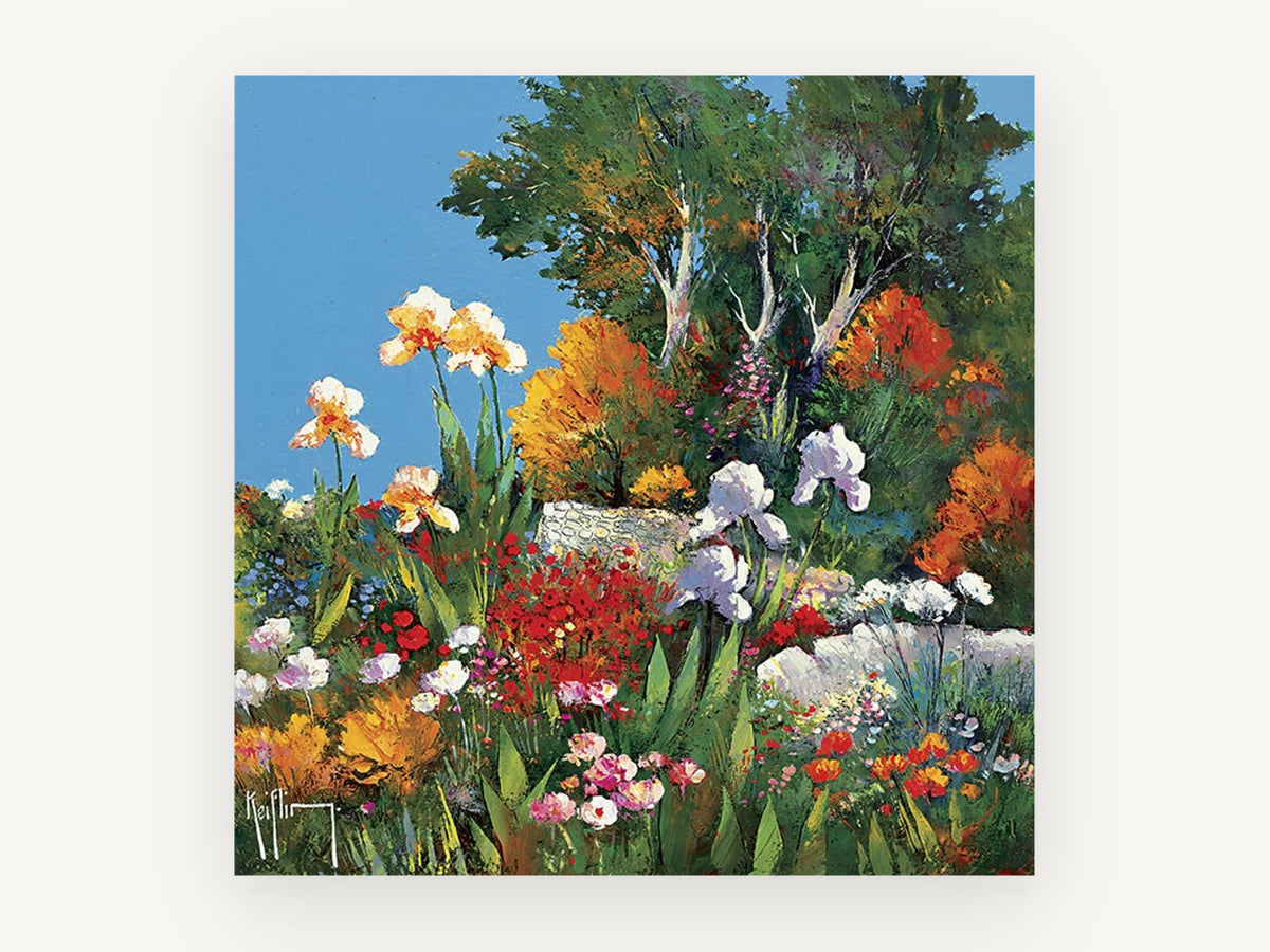 Cottage Iris Garden Terrace, colourful iris garden painting style landscape, landscape canvas wall art print, front view