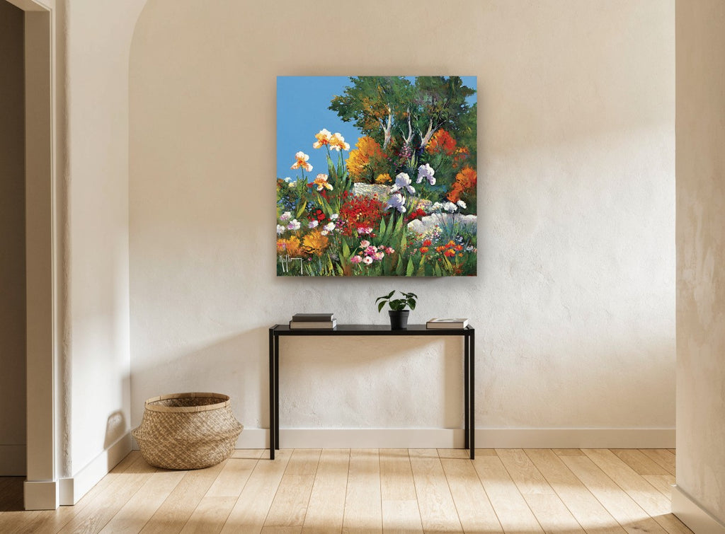 Cottage Iris Garden Terrace landscape canvas print on the wall of a hallway
