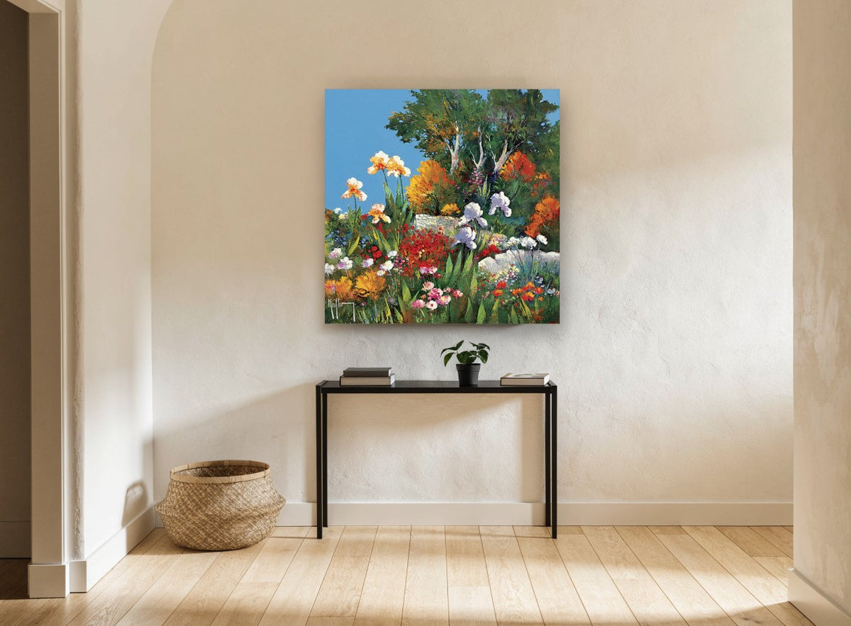 Cottage Iris Garden Terrace landscape canvas print on the wall of a hallway
